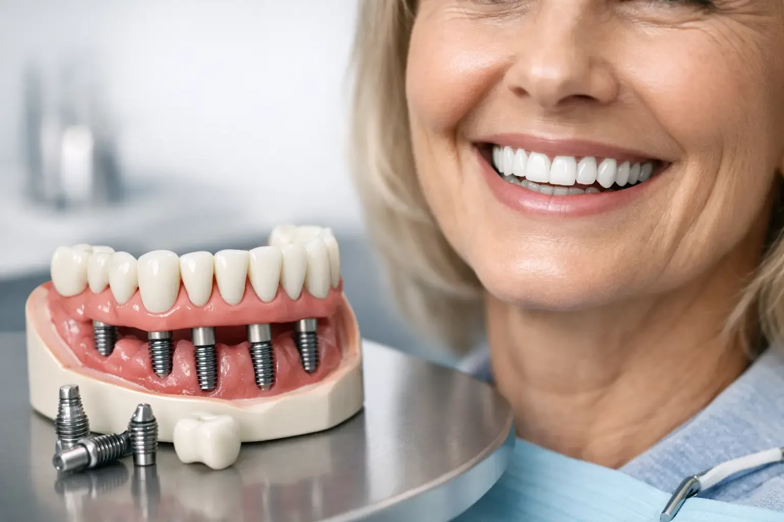 Dental implant model beside a smile